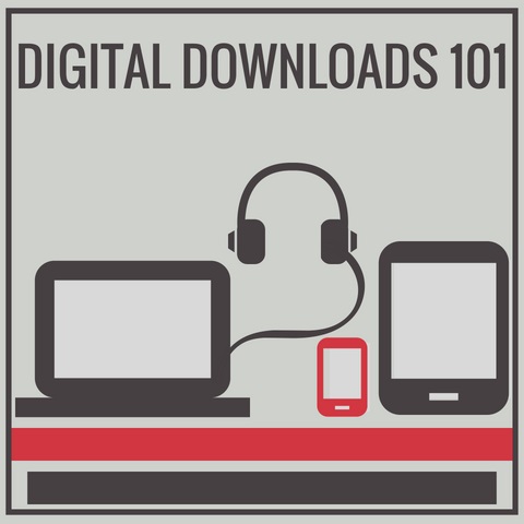 Flyer that reads "Digital Downloads 101". Has a computer, headphone, small phone, and tablet.